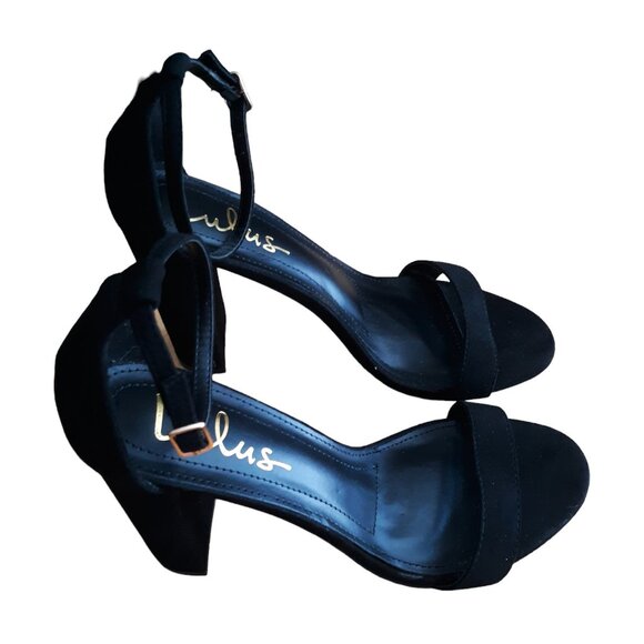 Lulus Taylor Faux Suede Strappy Black Chunky Platform Heels Size 8 - Picture 3 of 9